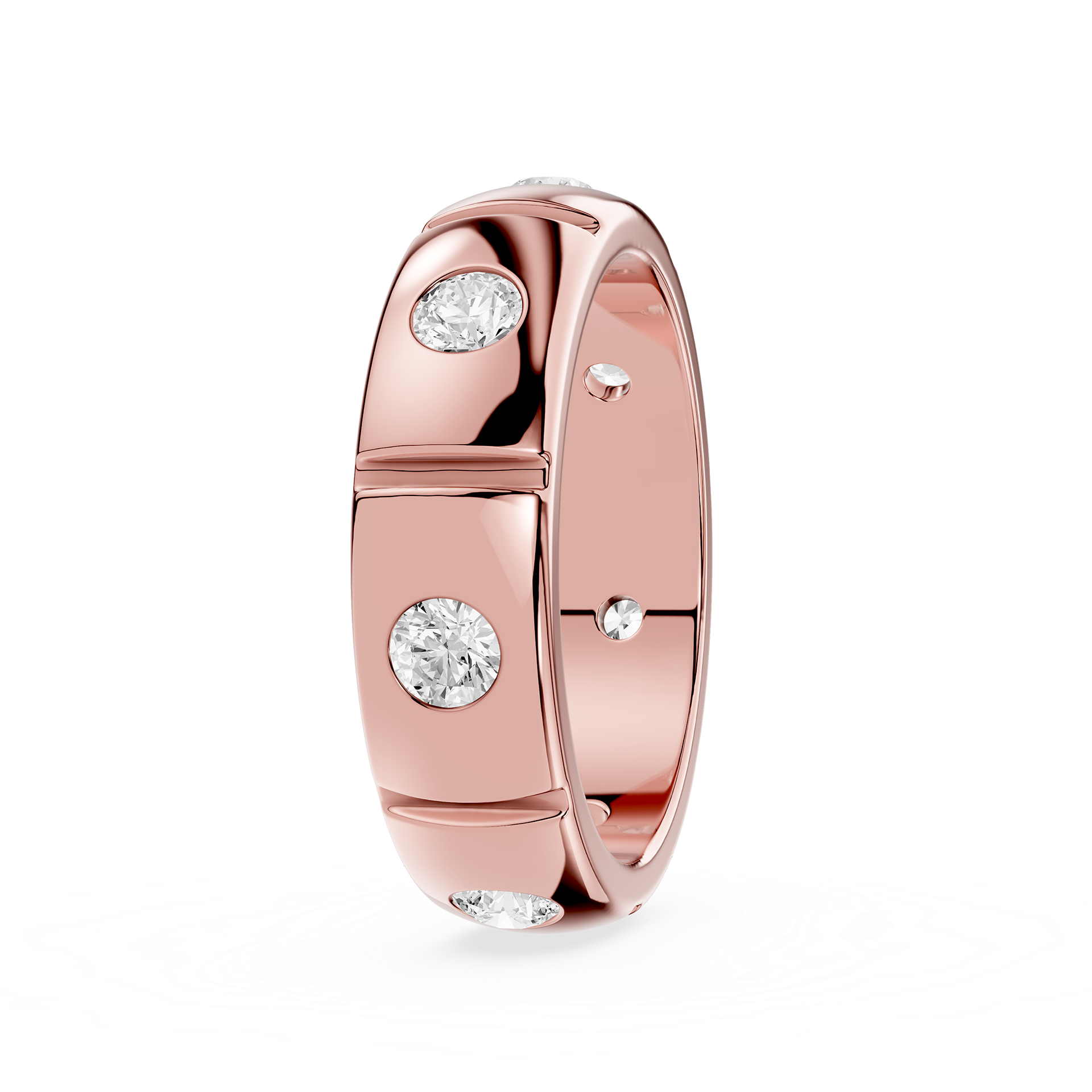 Rose gold ring with embedded diamonds on a white background