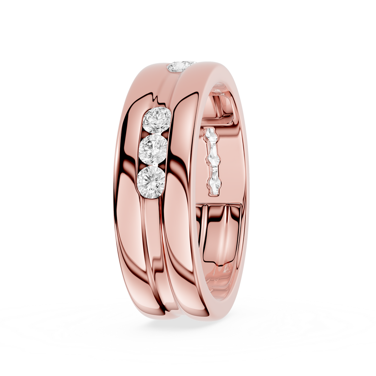 Side View Of Rose Gold Round Cut Lab Grown Diamond Flush Set Men’s Wedding Band