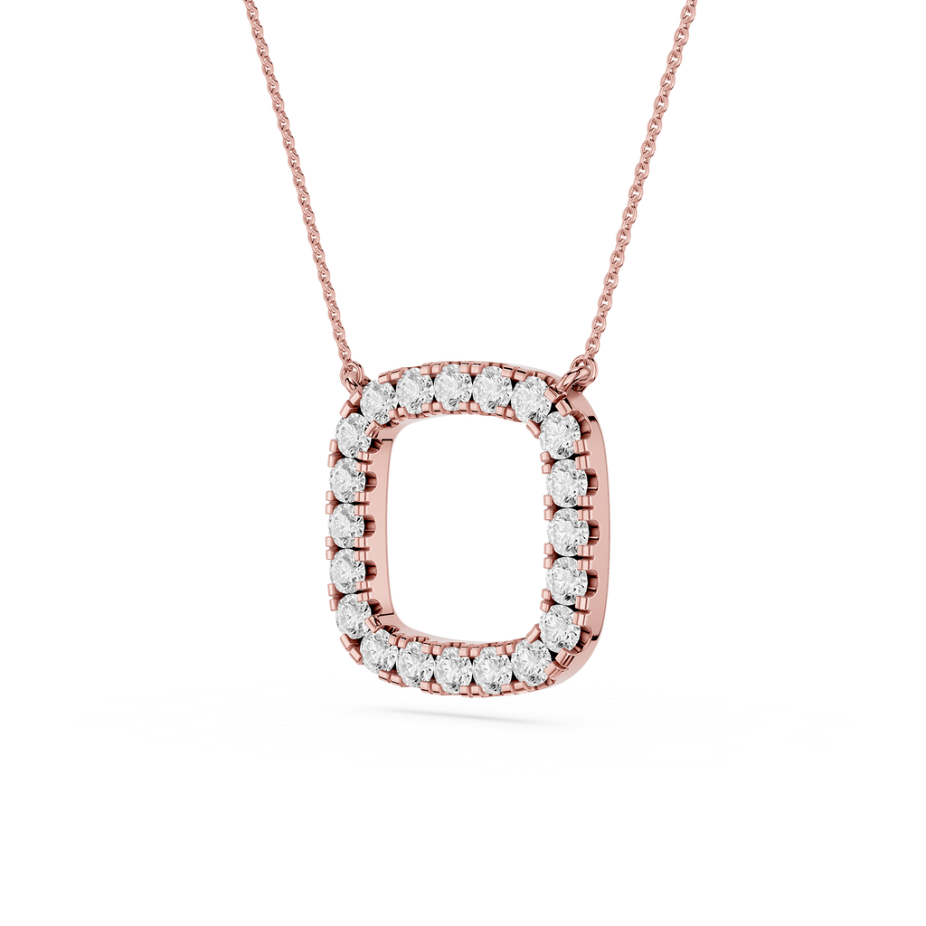 Rose gold necklace with a diamond pendant on a white background