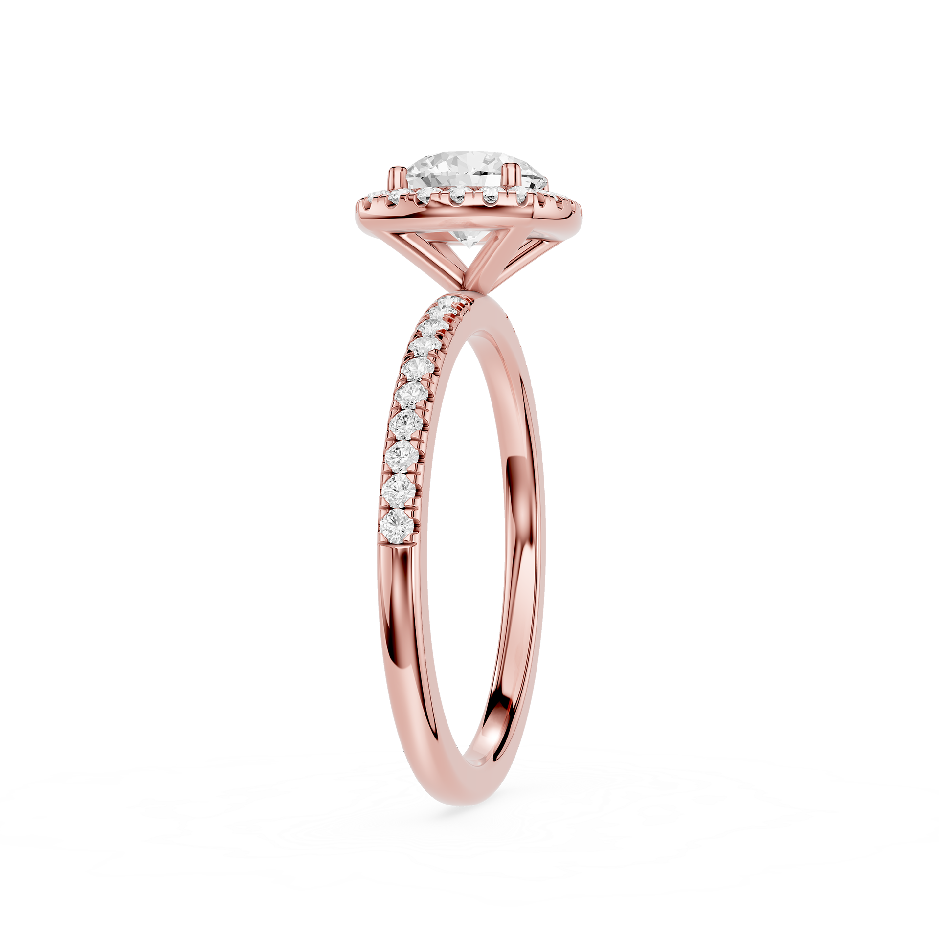 Rose gold ring with a diamond on a white background
