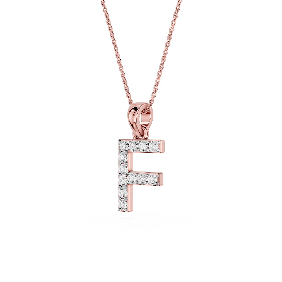 Side View Of Rose Gold Round Cut Lab Grown Diamond Letter F Initial Pendant