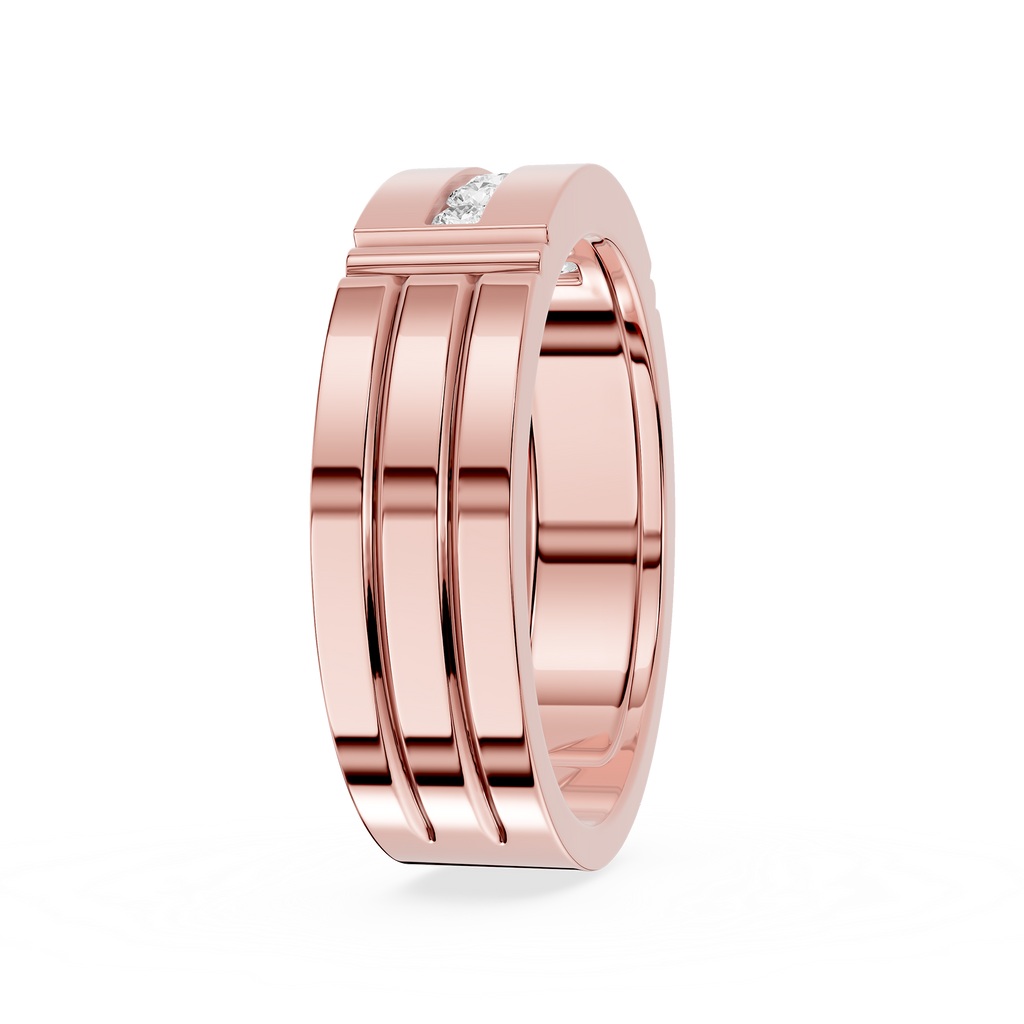 Rose gold ring with a diamond on a white background