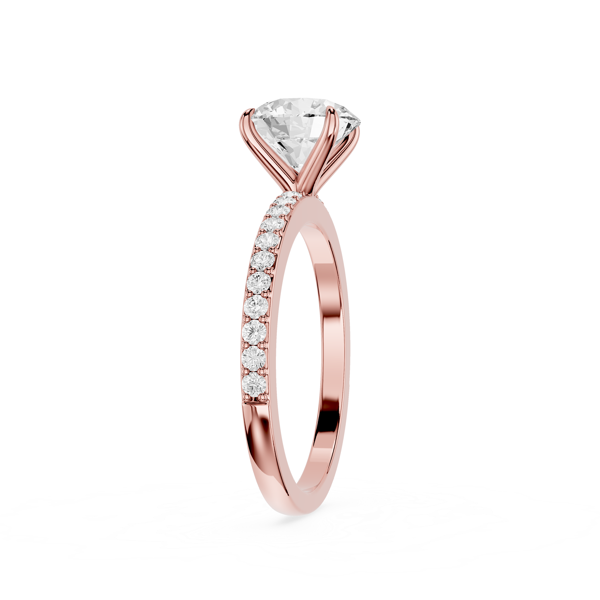 A rose gold diamond ring with a large round-cut center stone and a pavé band of small round diamonds, shown on a clean white background.