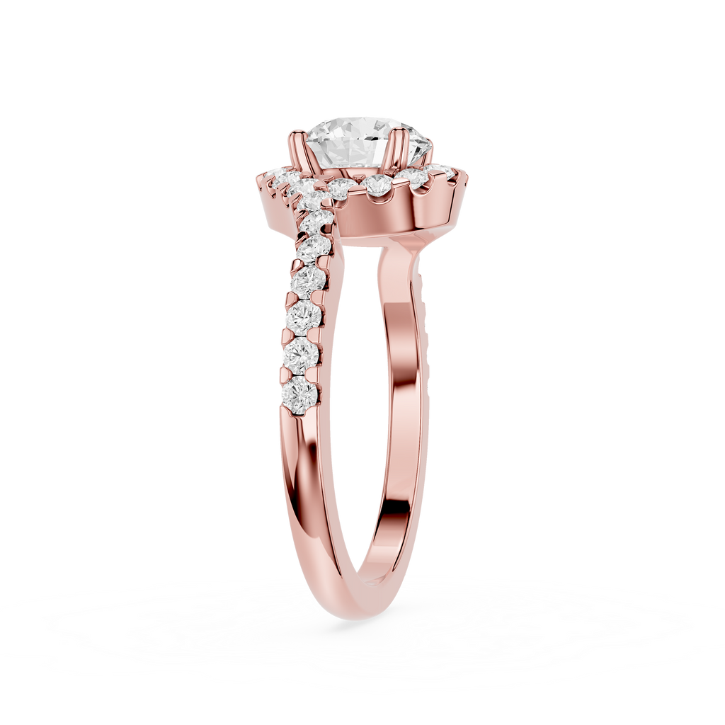Rose gold ring with a diamond on a white background