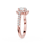 Rose gold ring with a diamond on a white background