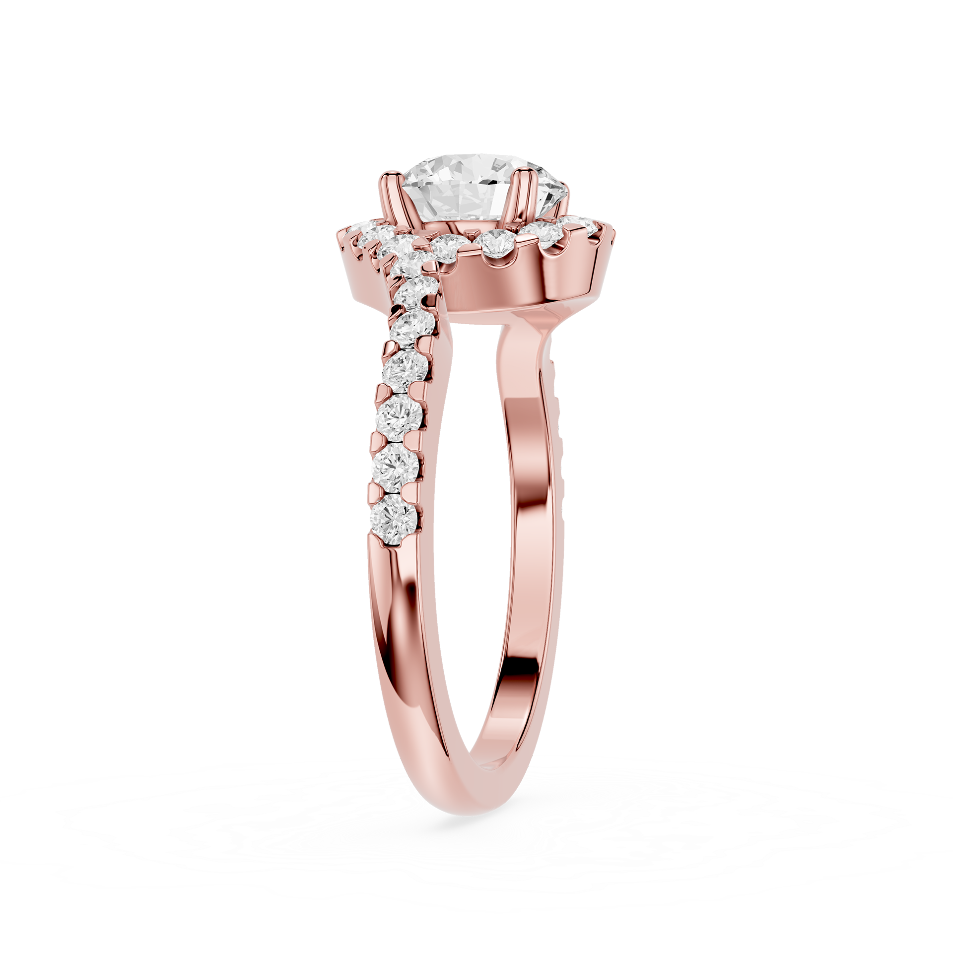 Rose gold ring with a diamond on a white background