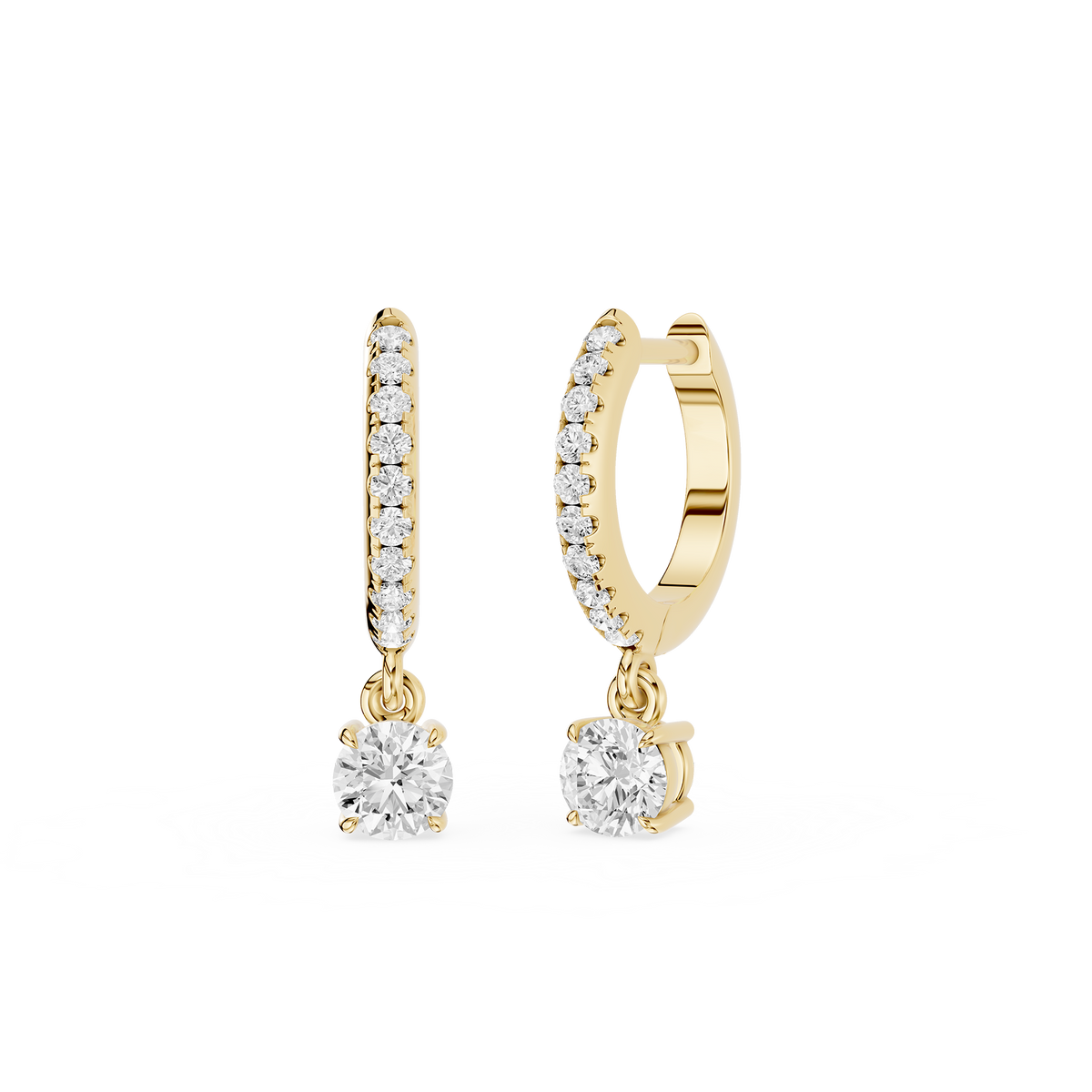 Gold hoop earrings with diamond accents on a white background