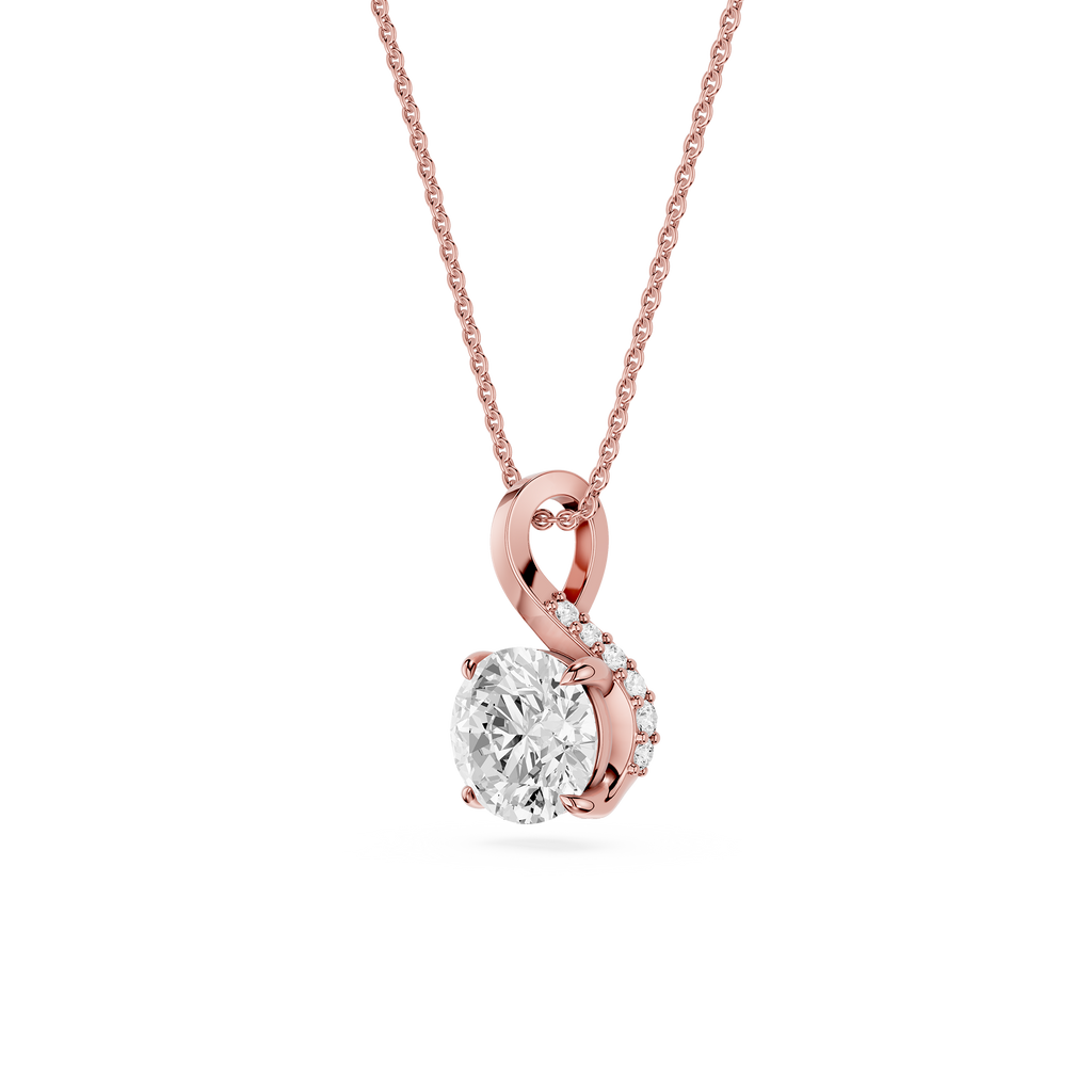 Rose gold necklace with a diamond pendant on a white background