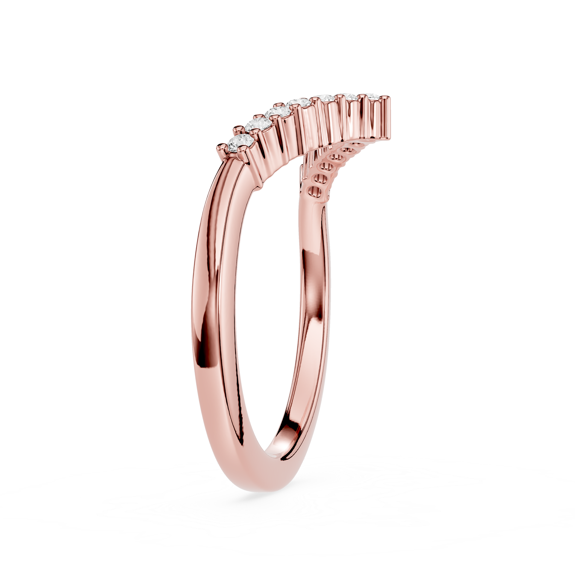 Rose gold ring with small diamonds on a white background