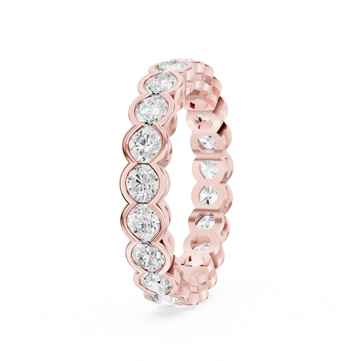 Scalloped diamond eternity ring in rose gold displaying round brilliant stones framed by smooth curved metal edges