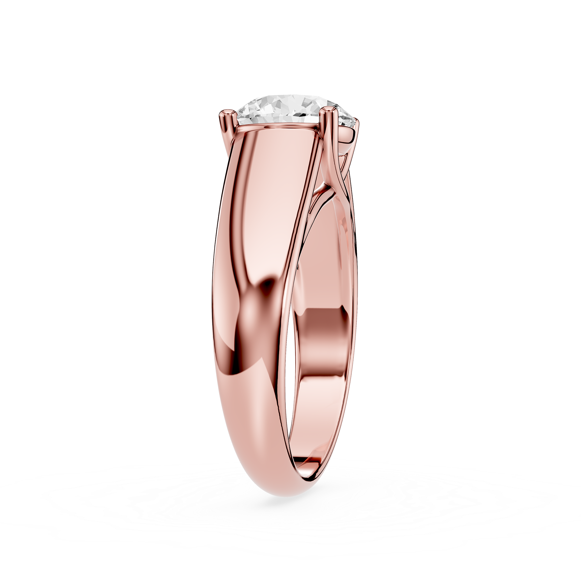 Rose gold ring with a diamond on a white background