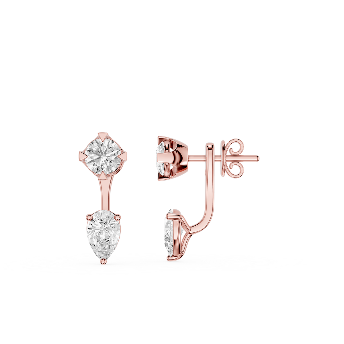 Rose gold earrings with clear gemstones on a white background