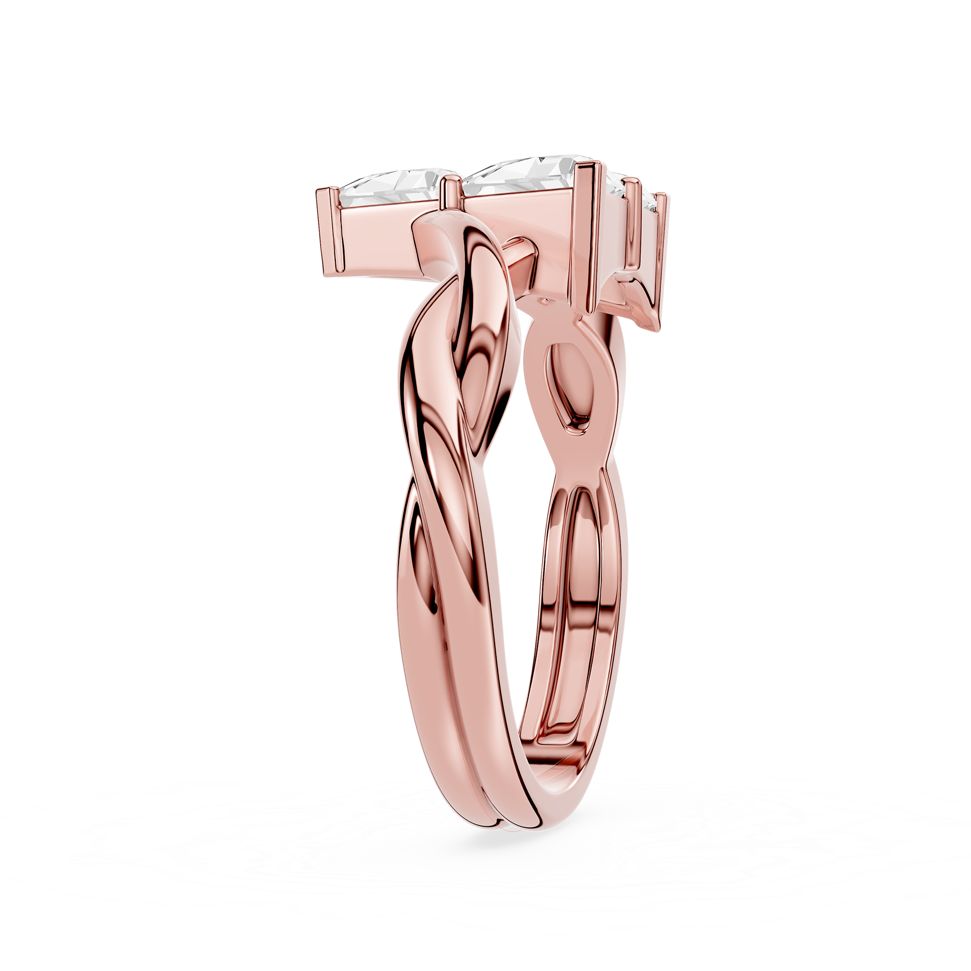 Silver ring with a twisted design on a white background