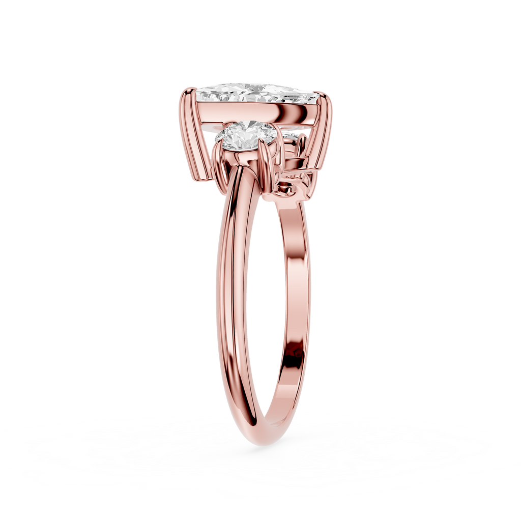 Rose gold ring with a diamond on a white background