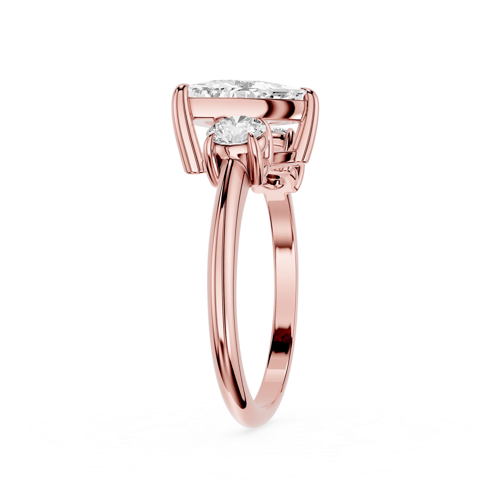 Rose gold ring with a diamond on a white background