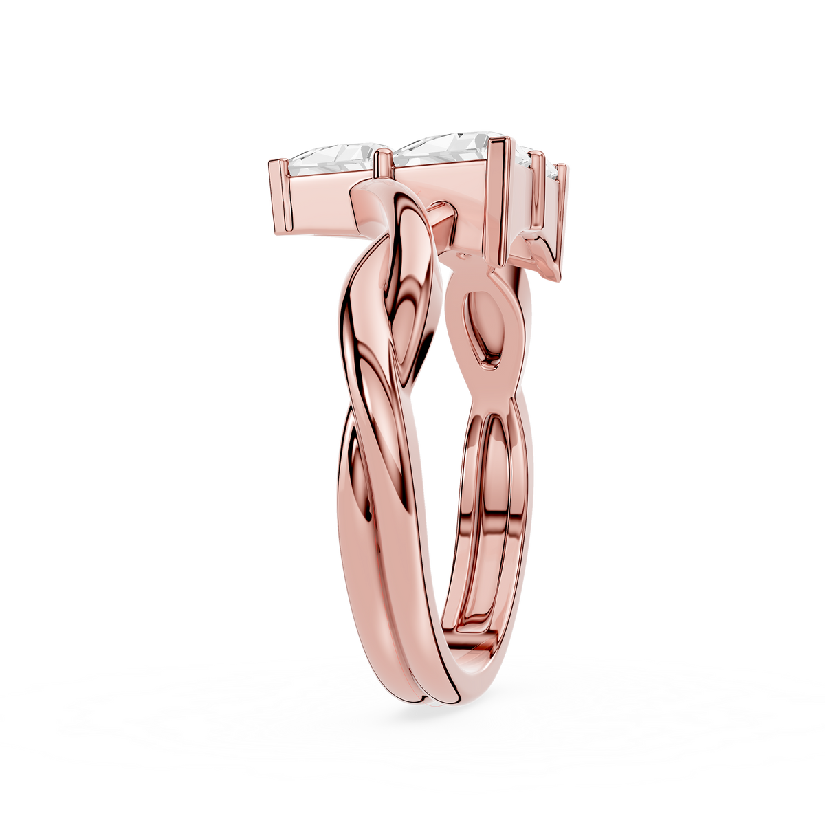 Side View Of Rose Gold Trillion Cut Lab Grown Diamond Twisted Band Statement Ring