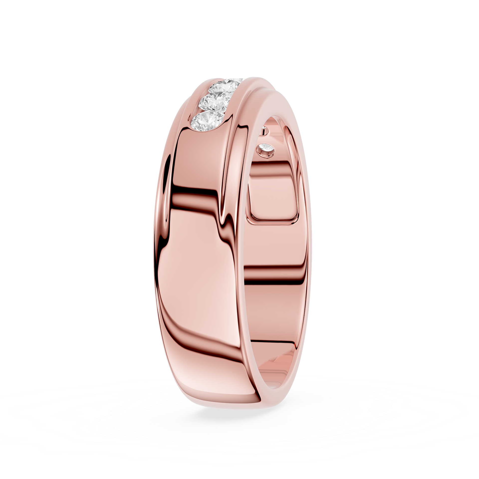 Rose gold ring with a diamond on a white background