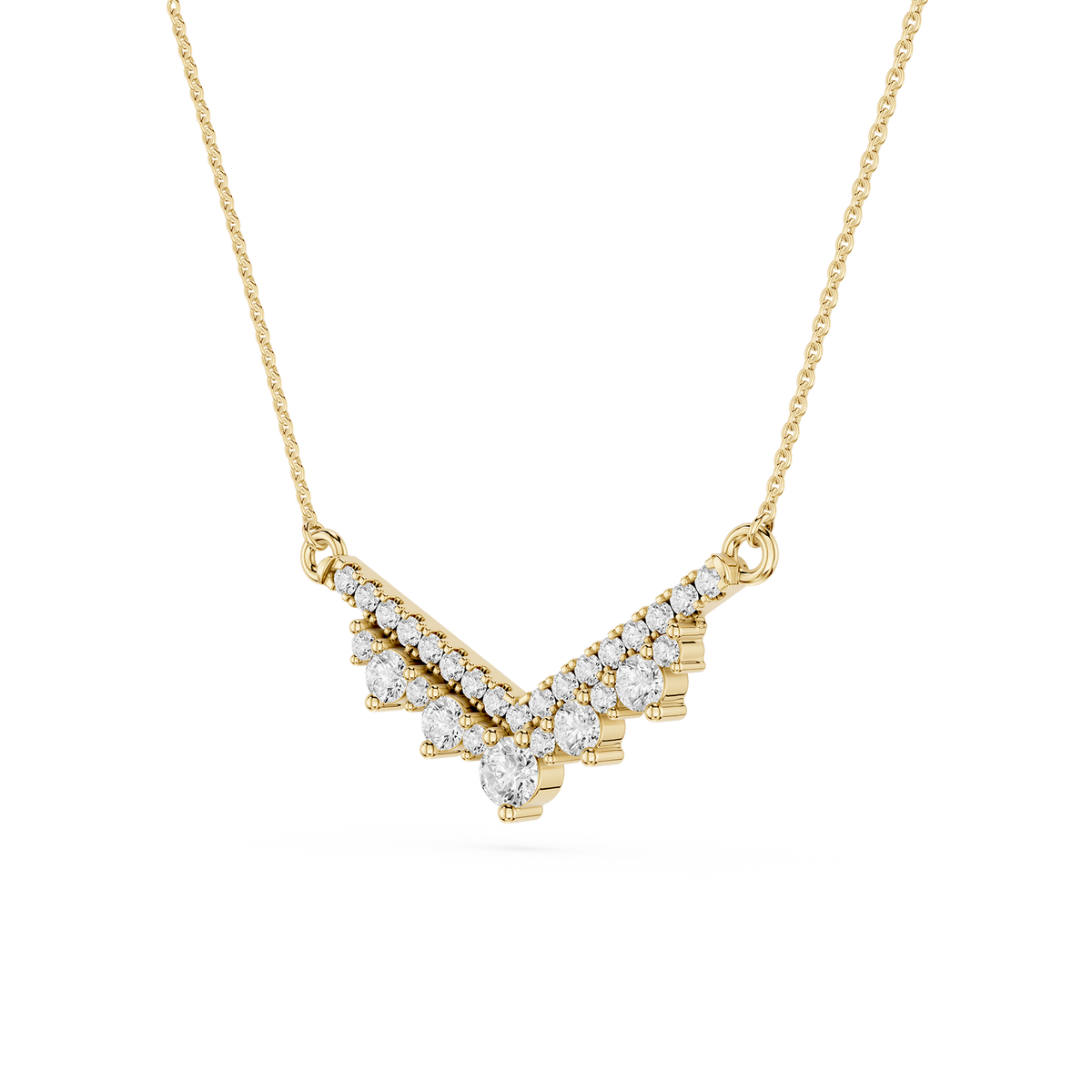 Gold necklace with a V-shaped diamond pendant on a white background