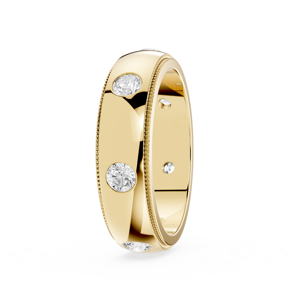 Gold ring with embedded diamonds on a white background