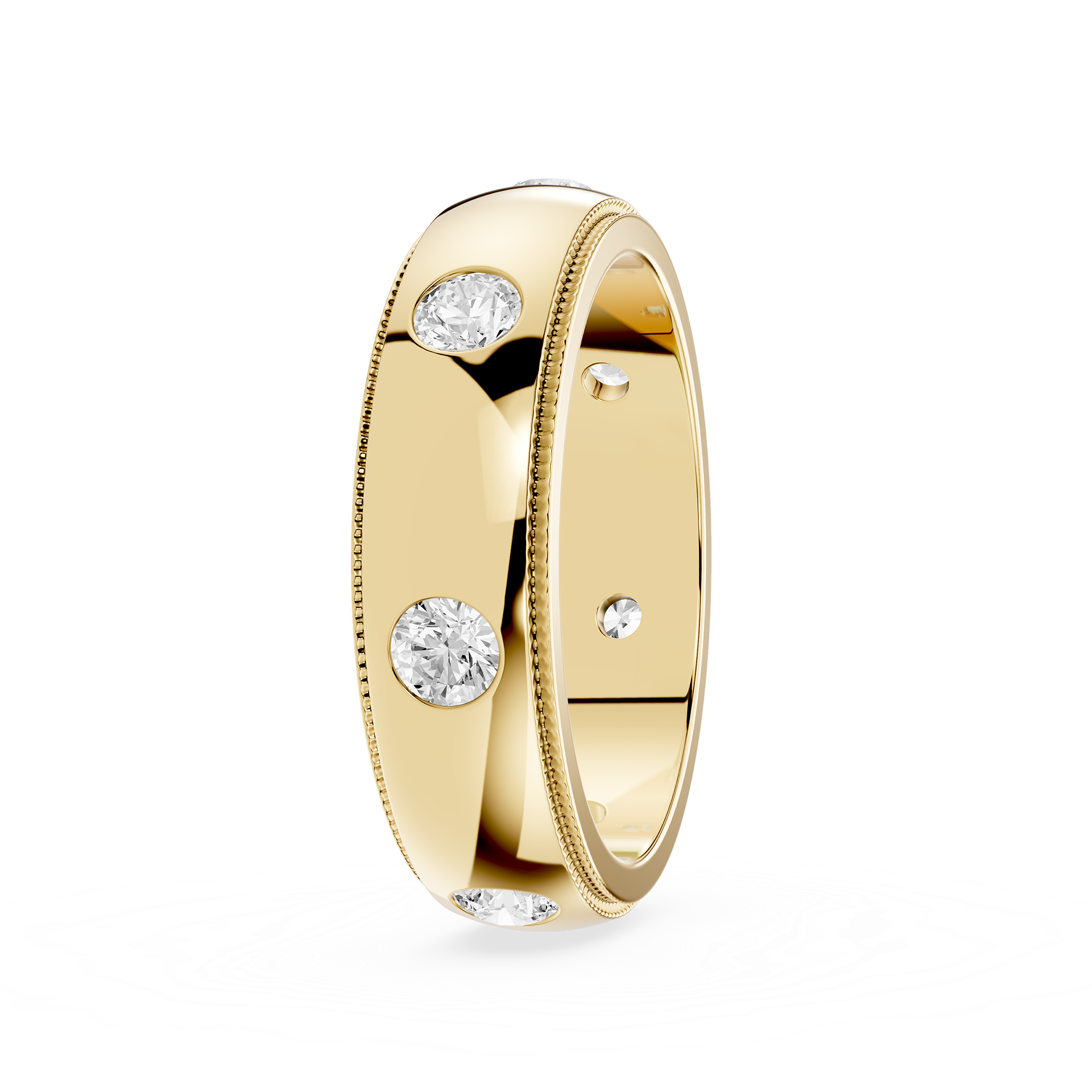 Gold ring with embedded diamonds on a white background