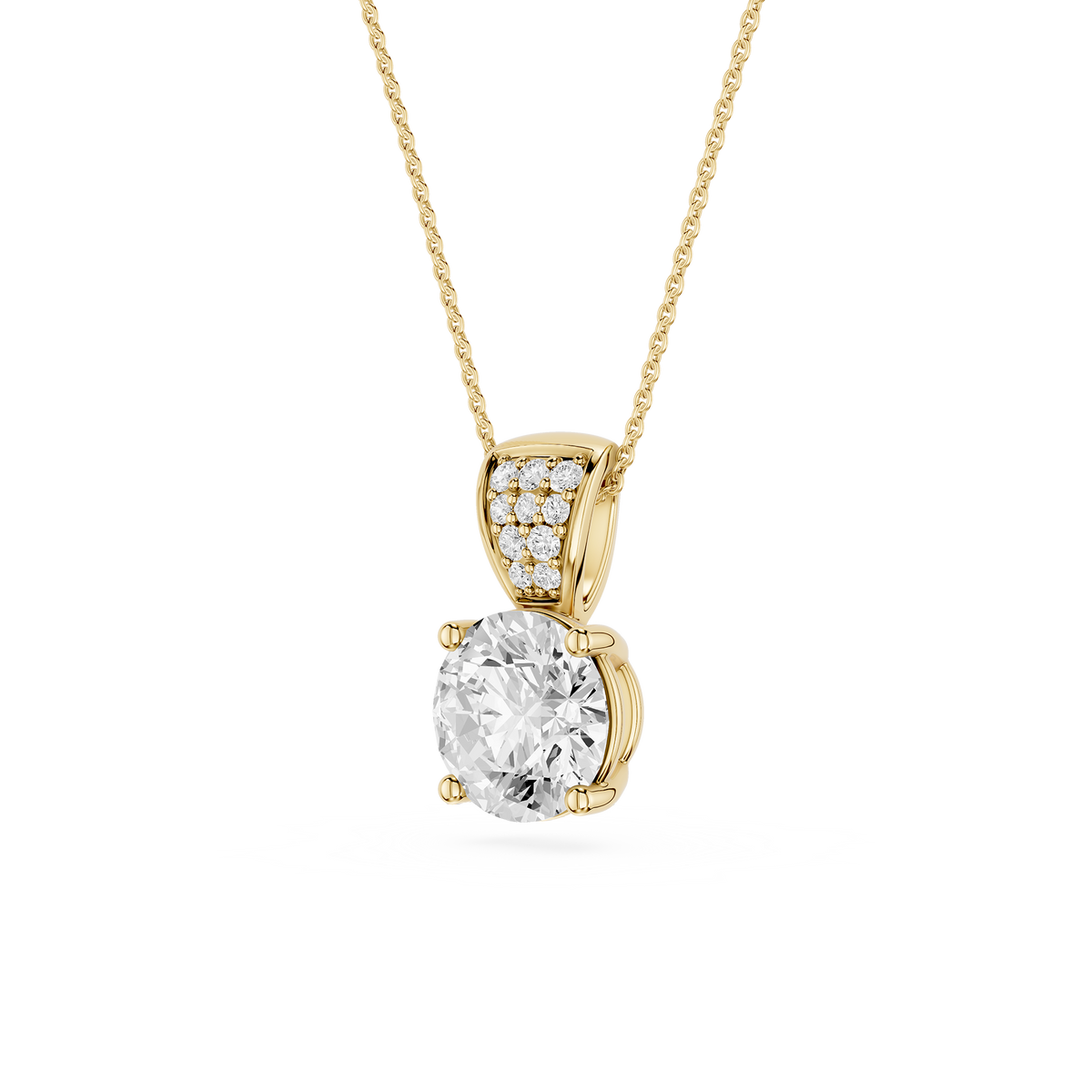 Gold necklace with a diamond pendant on a white background