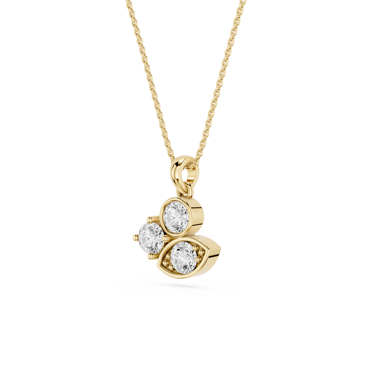 Gold necklace with a three-stone pendant on a white background