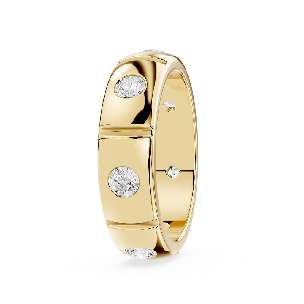 Gold ring with embedded diamonds on a white background