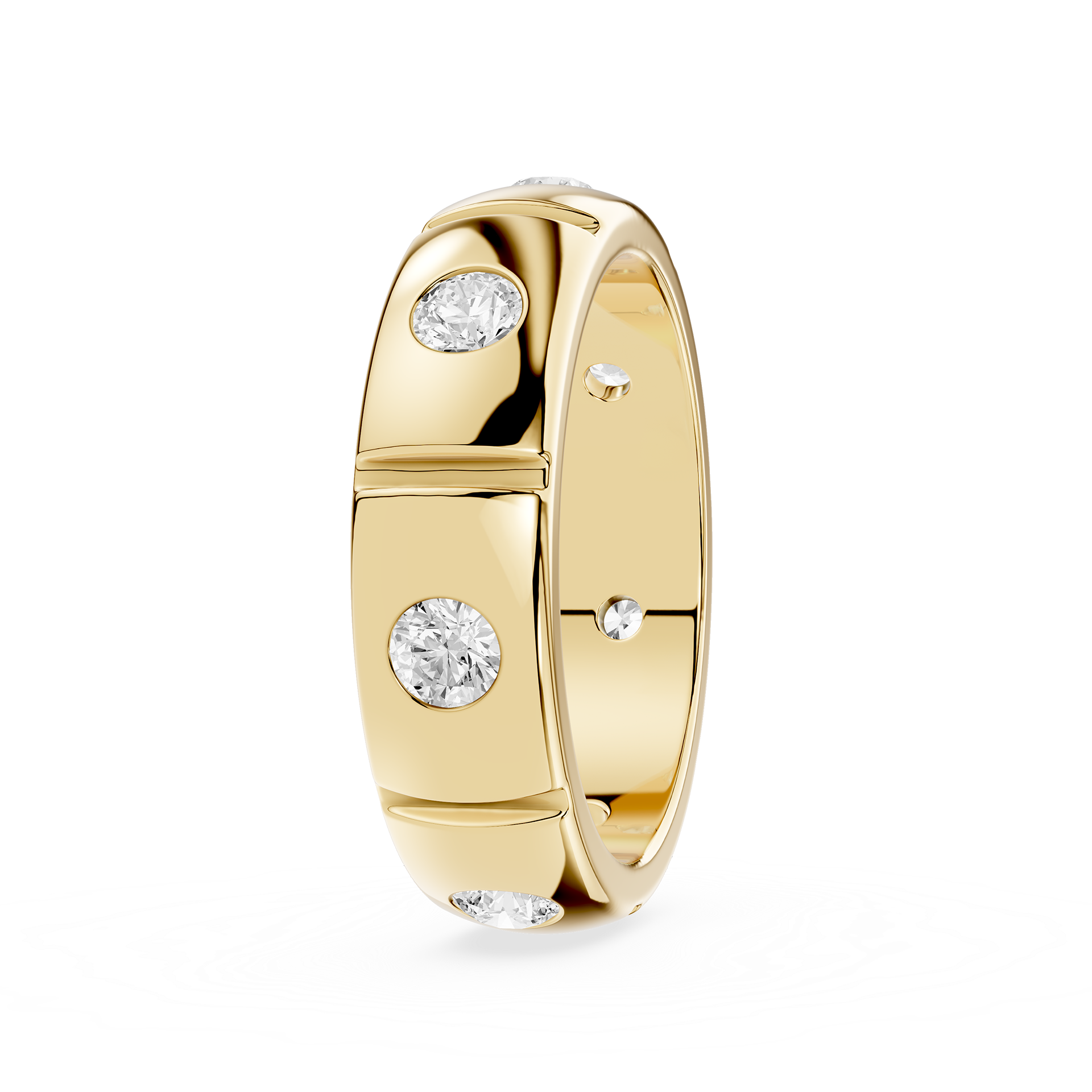 Gold ring with embedded diamonds on a white background