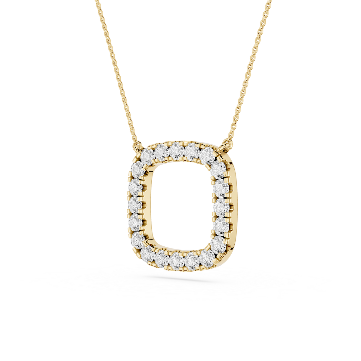 Gold necklace with a diamond pendant on a white background