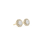 Gold earrings with clear gemstones on a white background