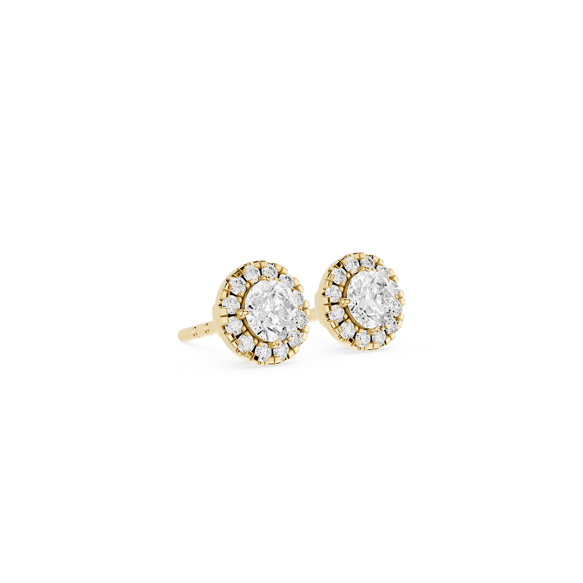 Gold earrings with clear gemstones on a white background