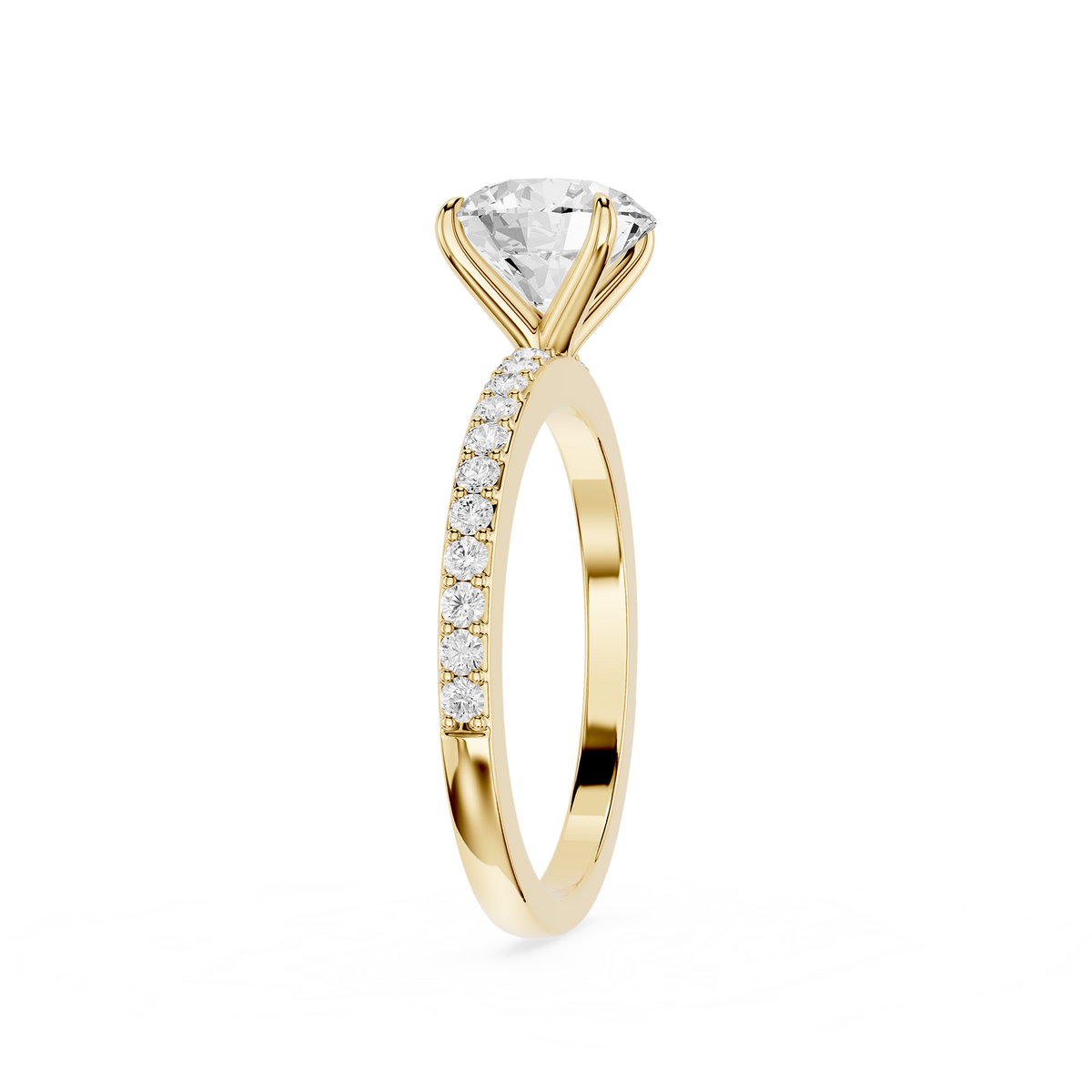 A yellow-gold solitaire accent engagement ring for a woman, featuring a large 1.68 TCW round brilliant-cut diamond.