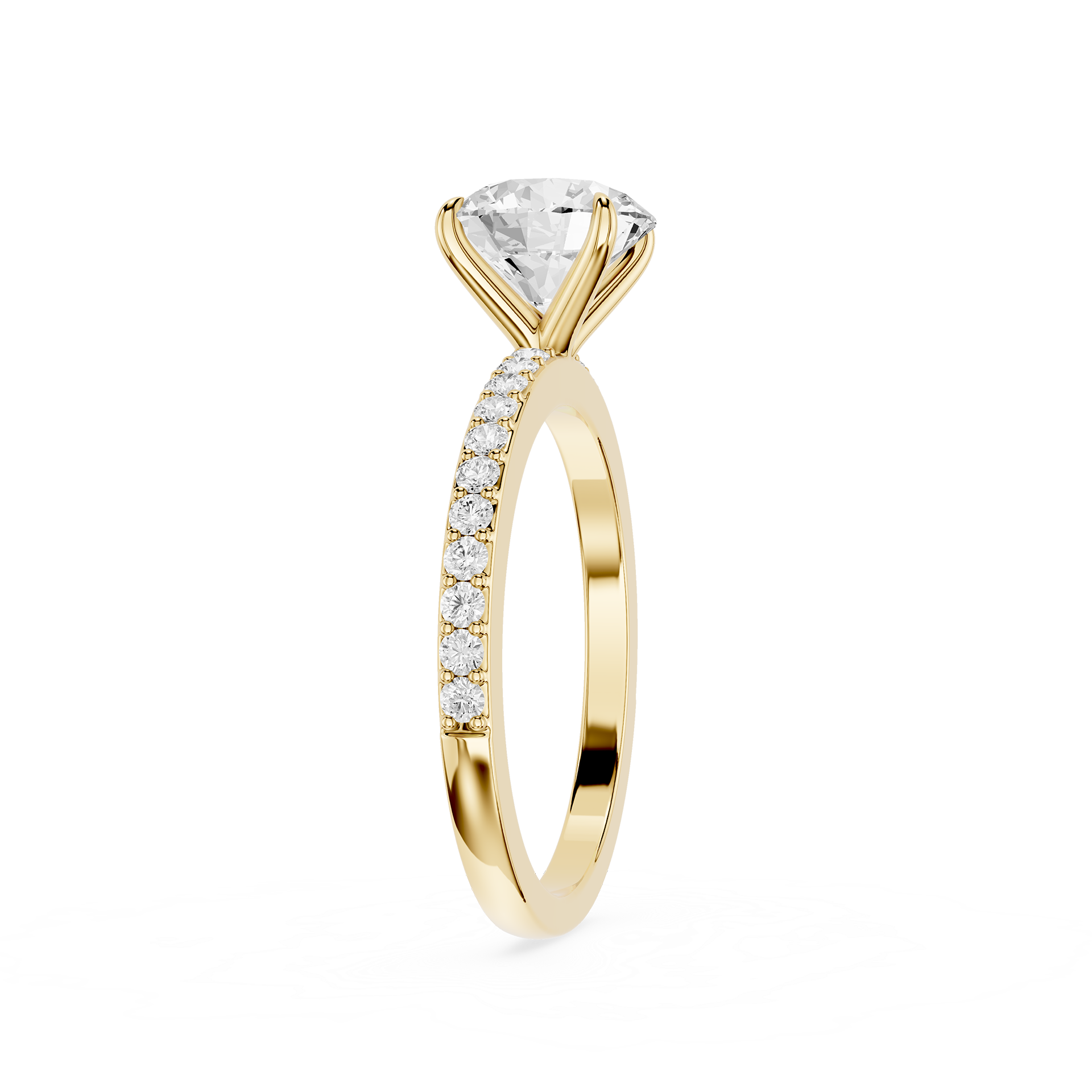 A yellow gold solitaire engagement ring featuring a large round brilliant-cut diamond center stone and a pavé band with small round diamonds, shown on a plain white background.