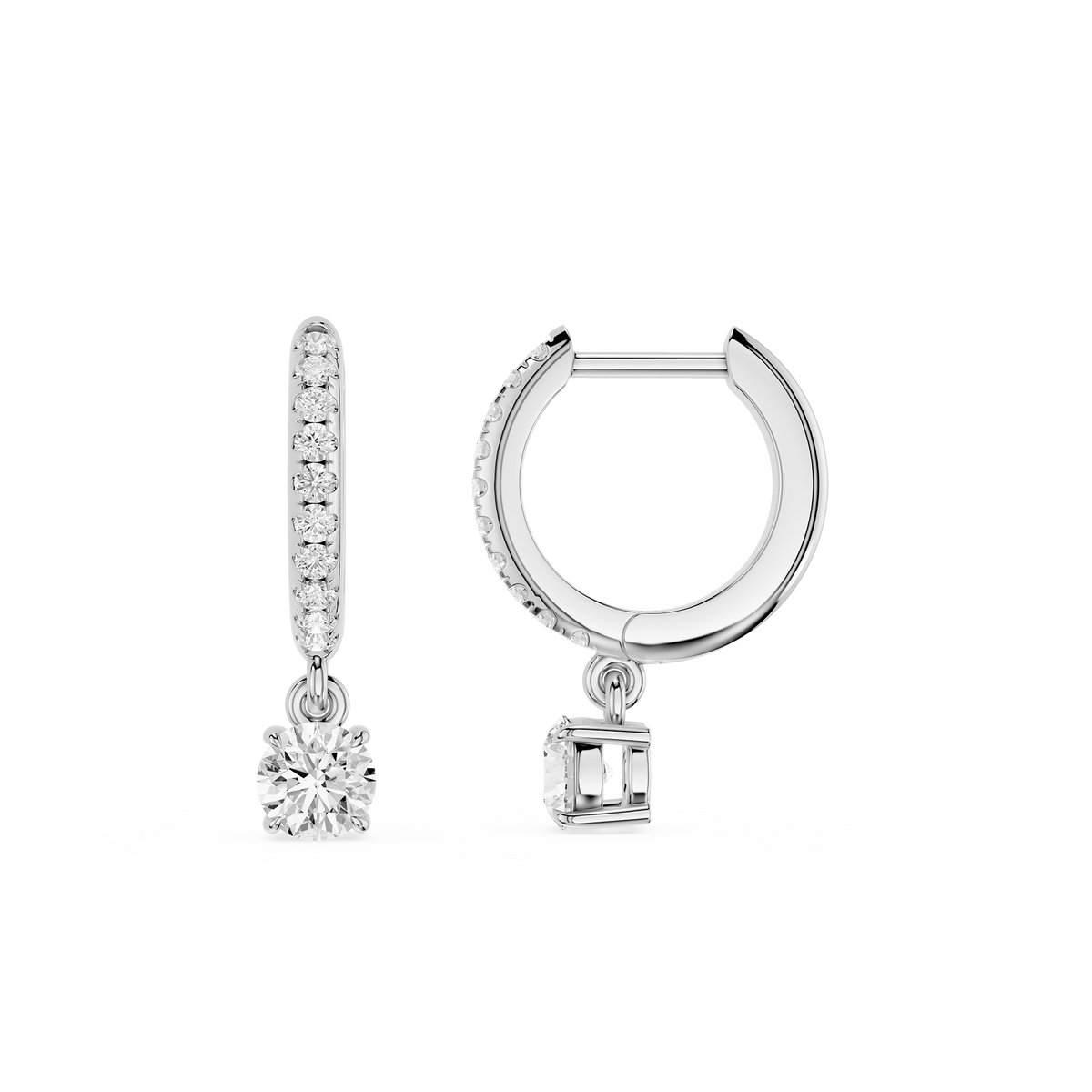 Silver hoop earring with a square-cut gemstone on a white background