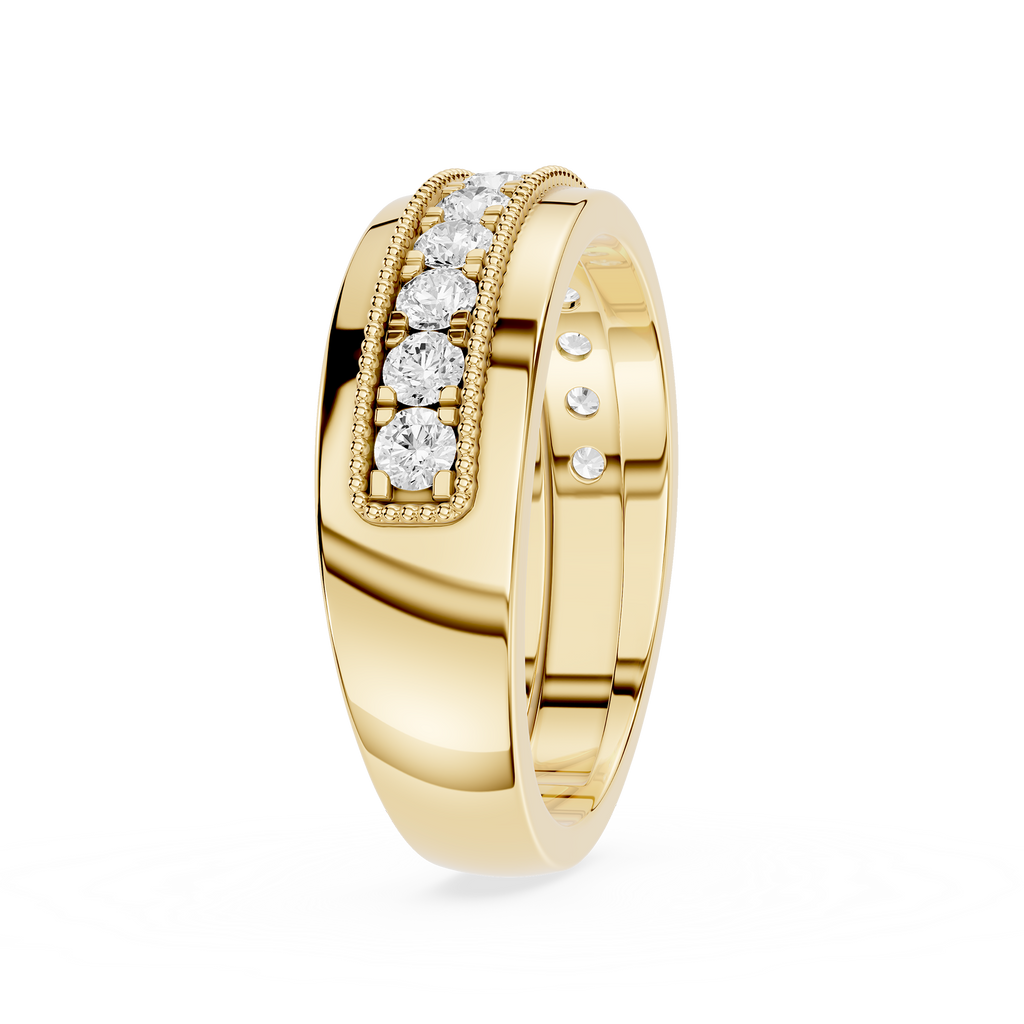 Gold ring with diamond accents on a white background