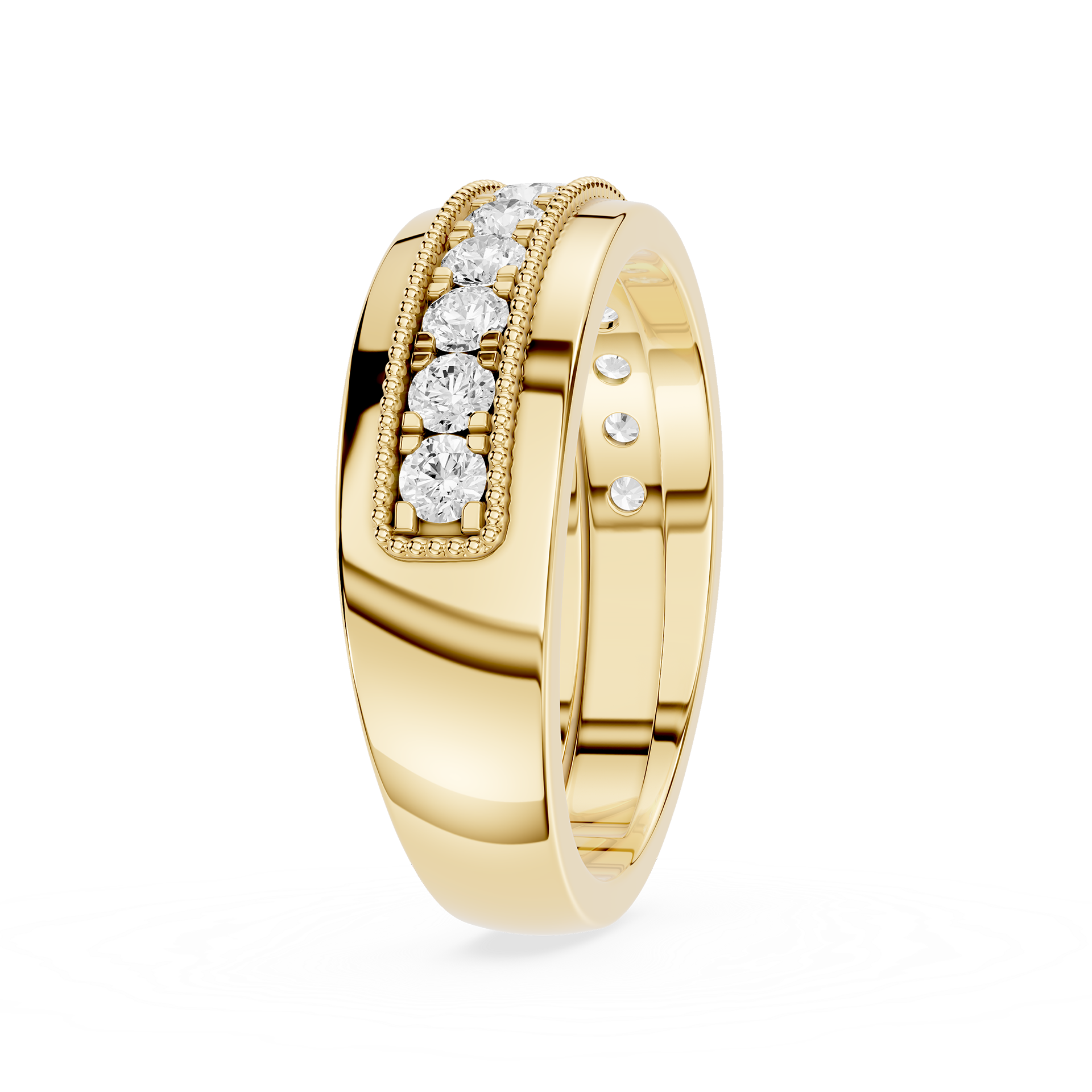 Gold ring with diamond accents on a white background