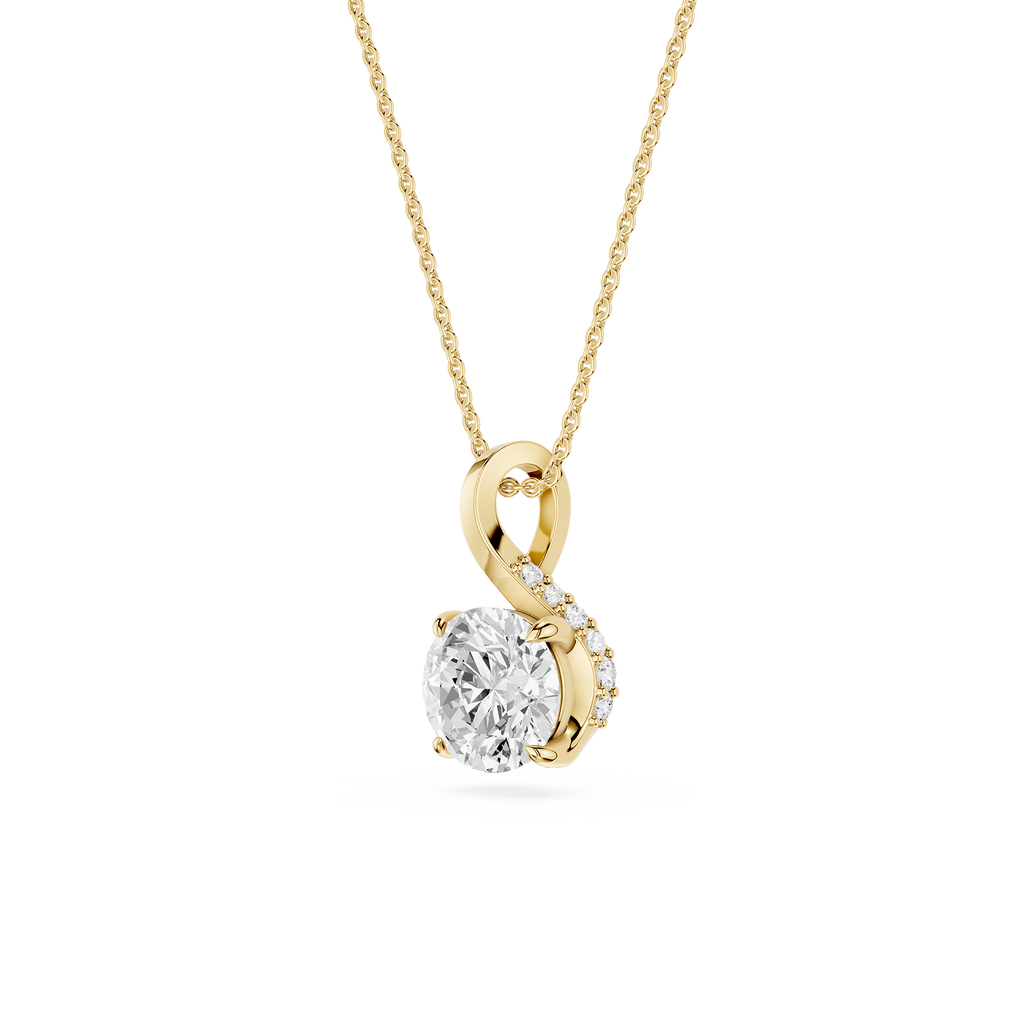 Gold pendant necklace with a clear gemstone on a white background