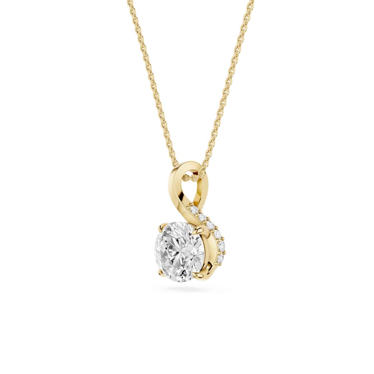Gold pendant necklace with a clear gemstone on a white background