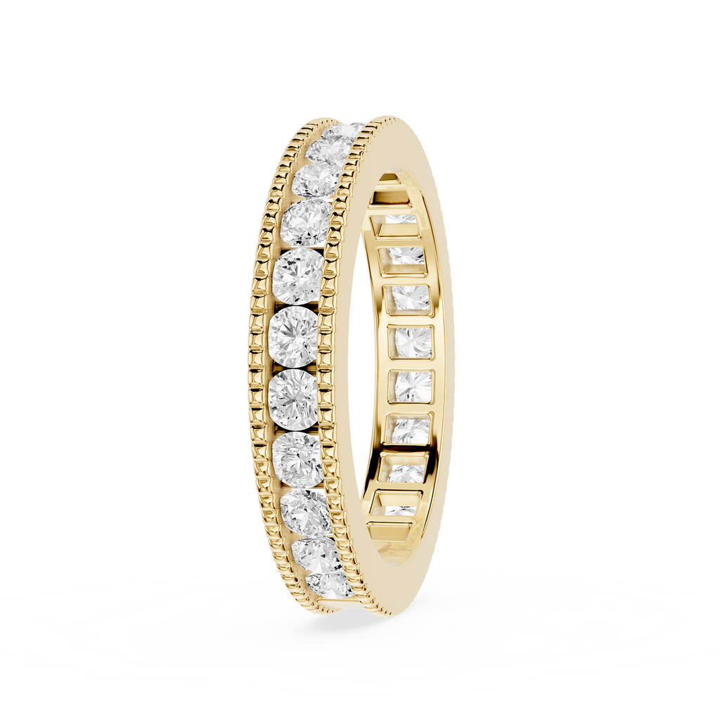 Gold ring with diamond accents on a white background