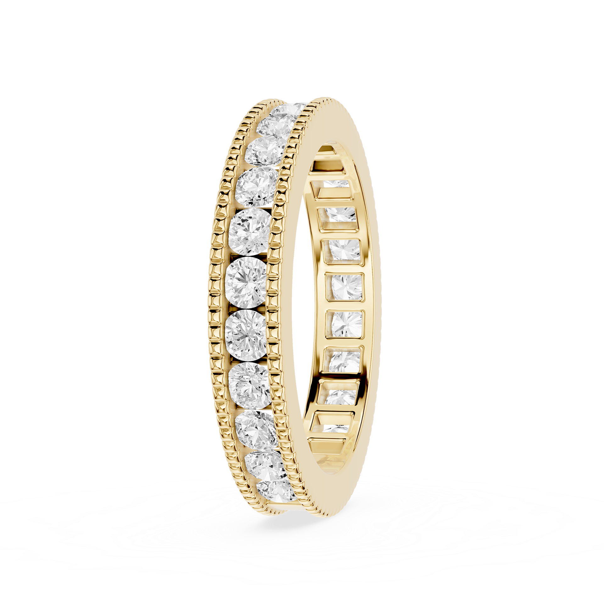 Gold ring with diamond accents on a white background