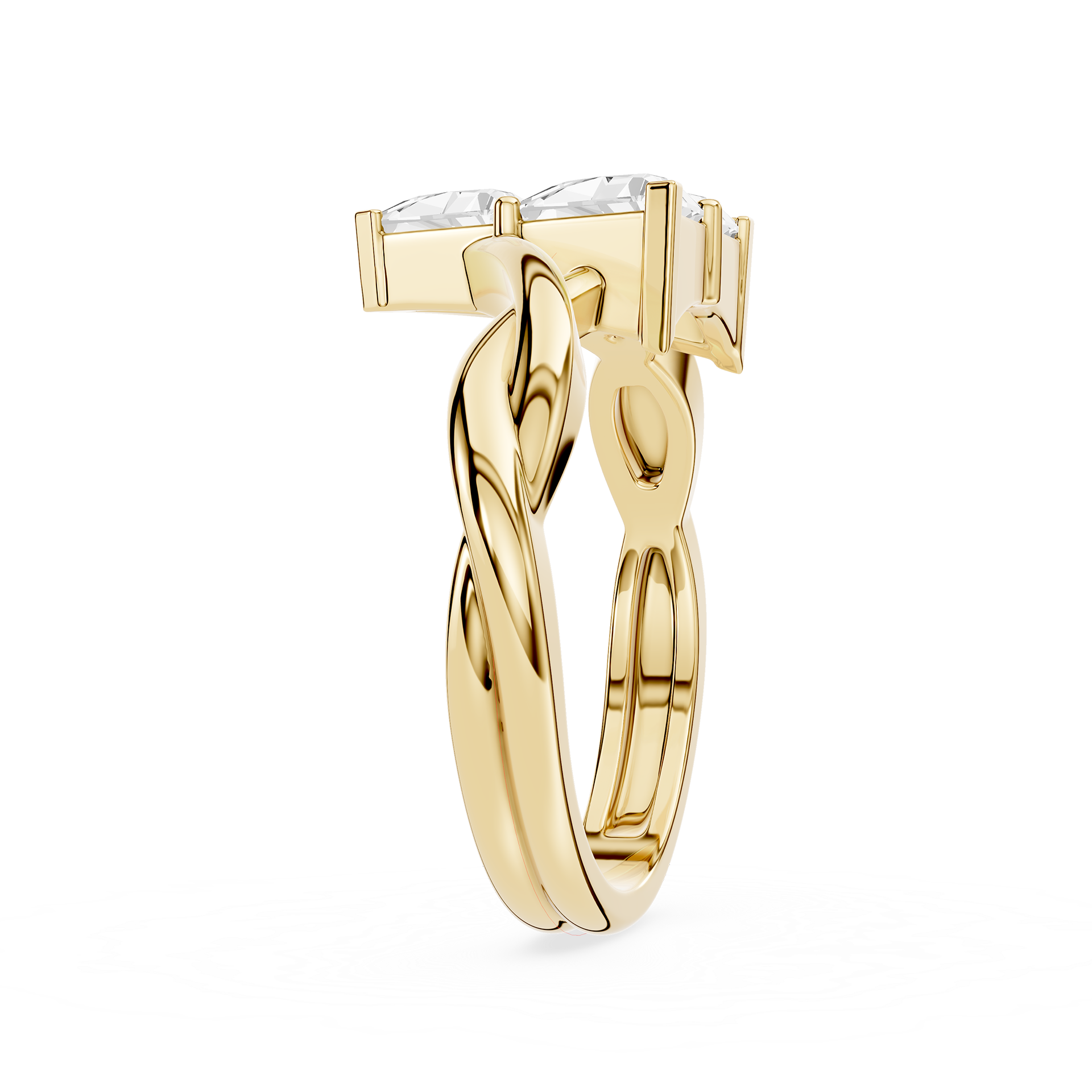 Gold ring with a twisted design on a white background