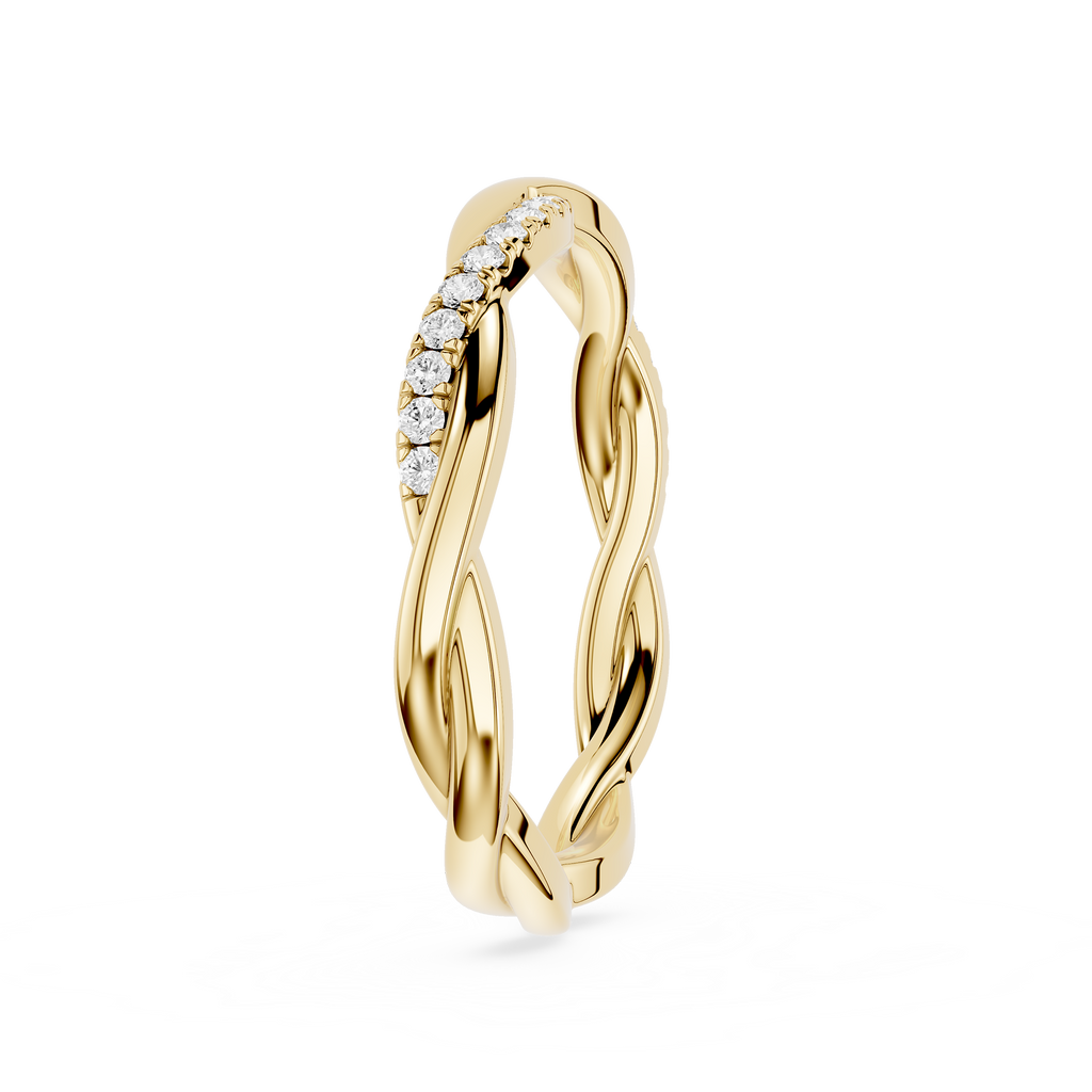 Gold ring with diamond accents on a white background
