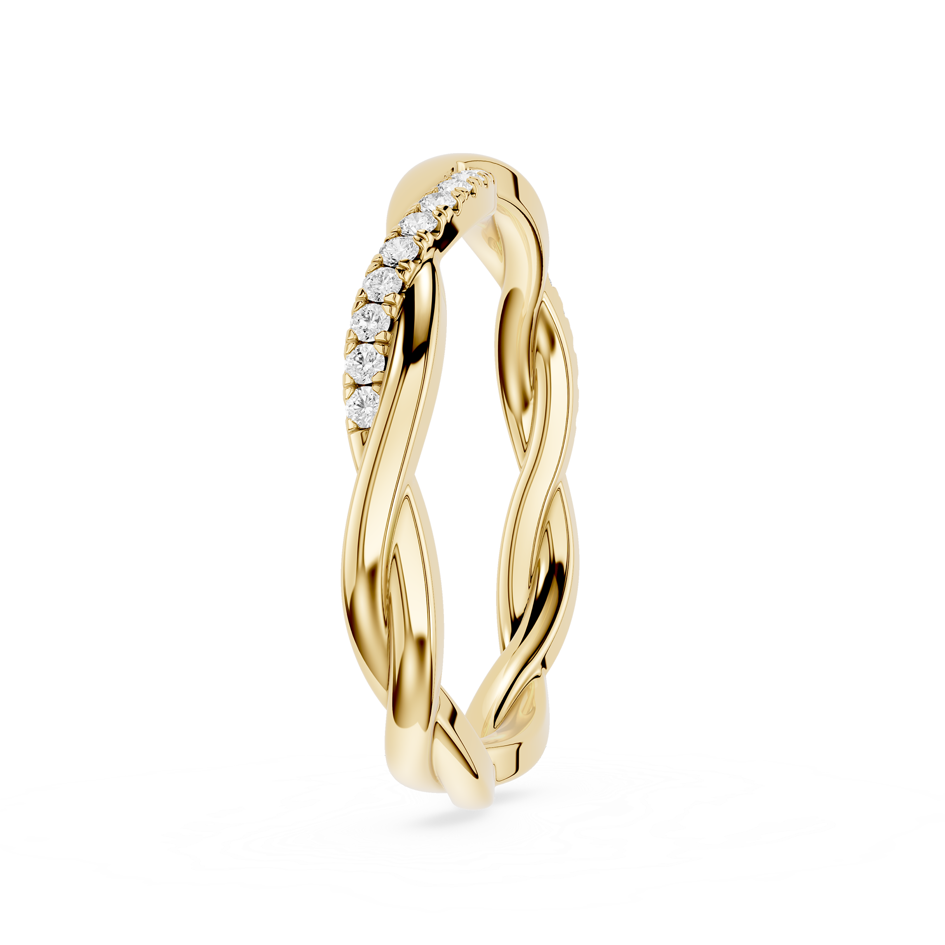 Gold ring with diamond accents on a white background