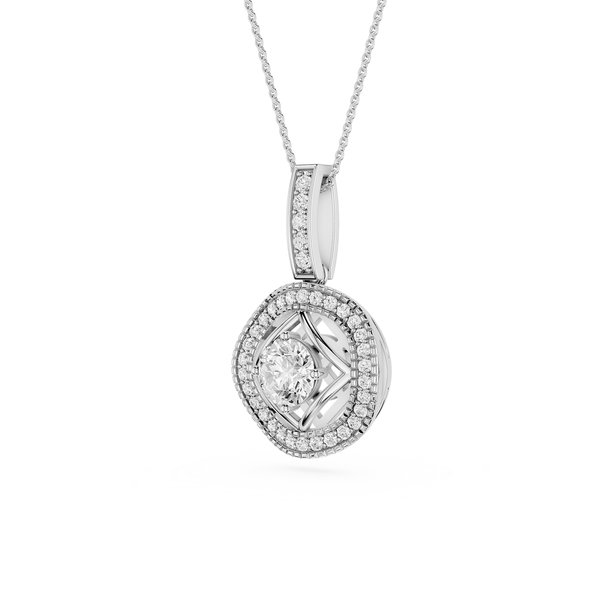 Diamond pendant necklace on a white background