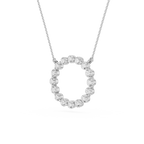 Silver necklace with a circular pendant on a white background