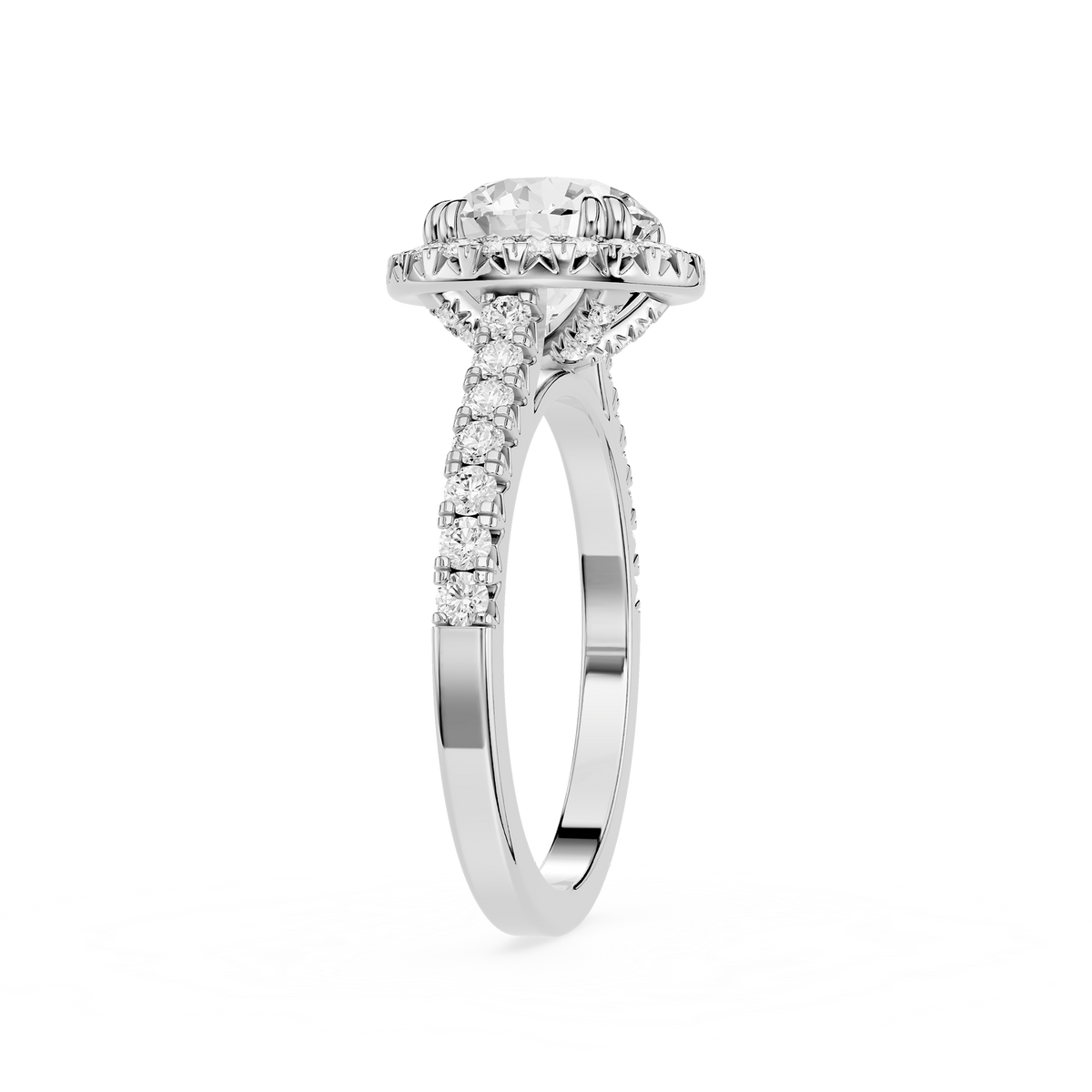 Round brilliant lab grown diamond hidden halo engagement ring in white gold with a diamond-accented shank and a hidden halo setting beneath the center stone.