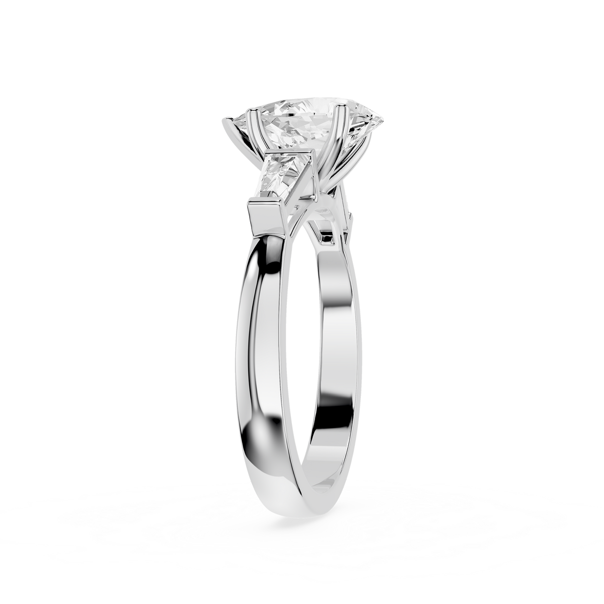 Side View Of White Gold 3 CT Pear Cut Lab Grown Diamond Three Stone Engagement Ring