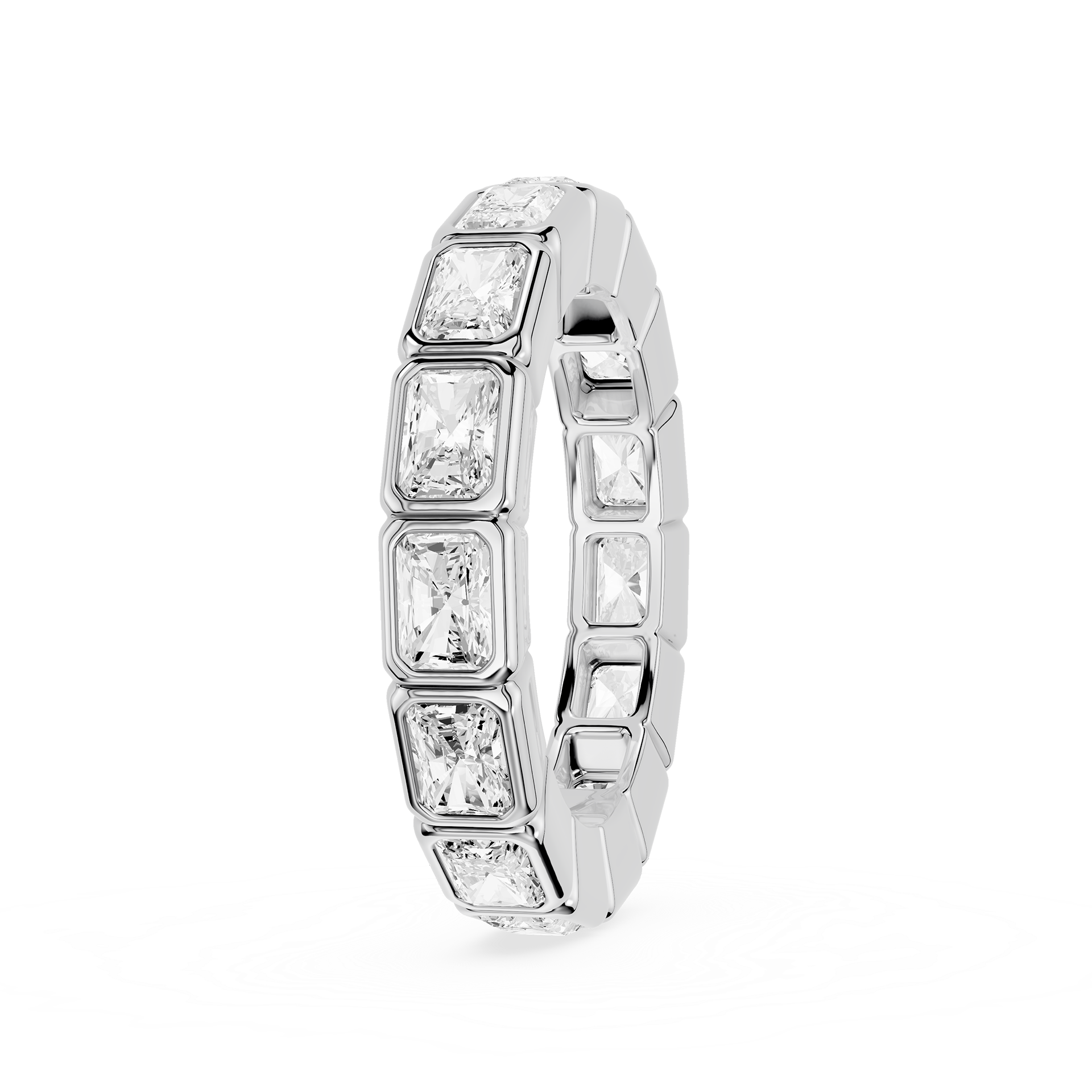 A silver-toned eternity ring featuring a row of rectangular baguette-cut clear gemstones, shown on a clean white background.