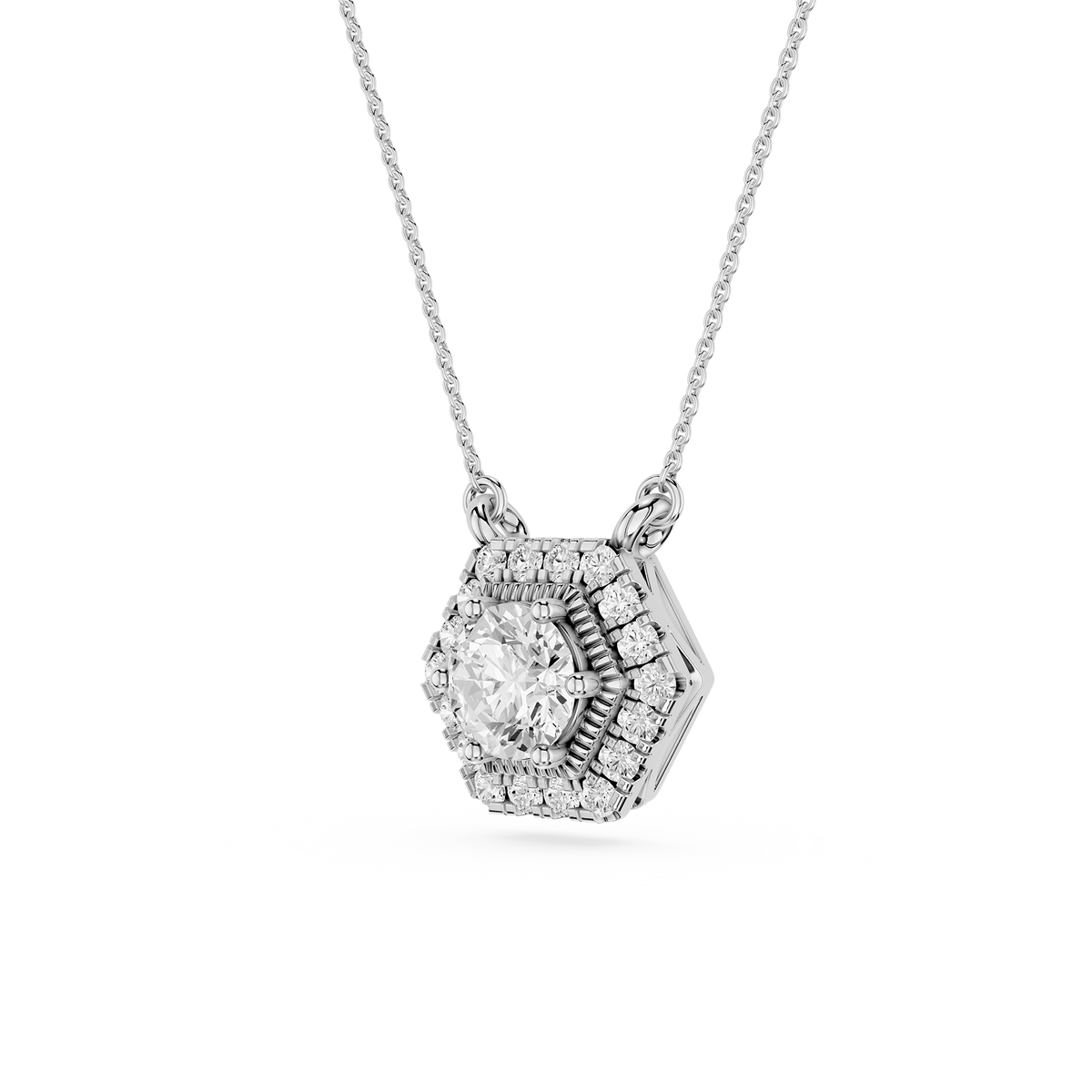 Hexagonal diamond pendant on a chain against a white background