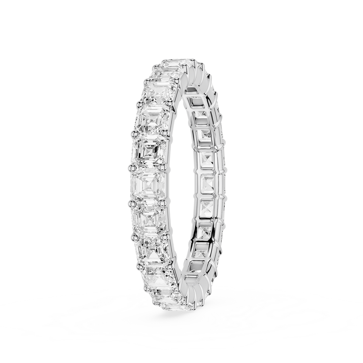 Asscher-cut fancy lab-grown diamond eternity wedding ring for a woman, set in a 14KT white gold band.